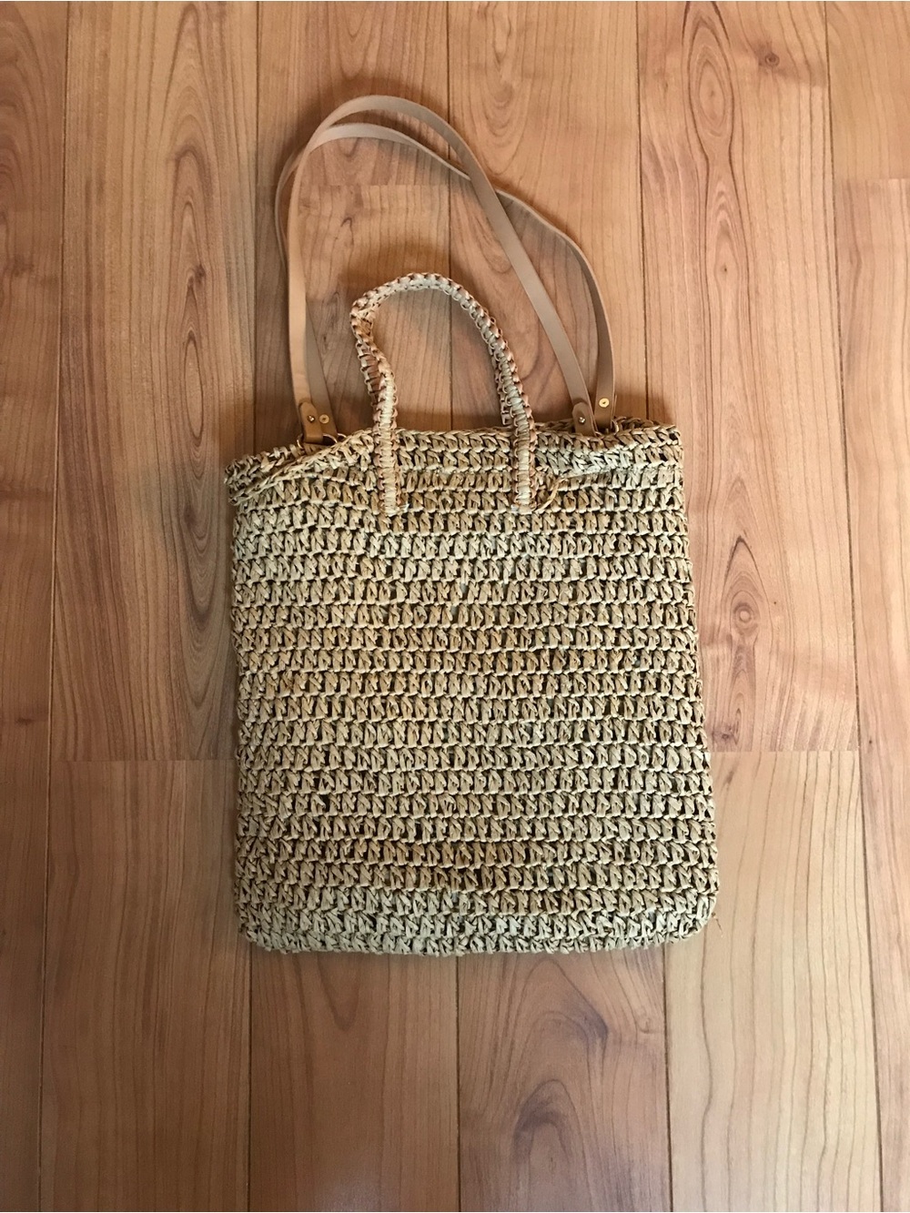 Woven Straw Tote Bag with Leather Straps - Natural